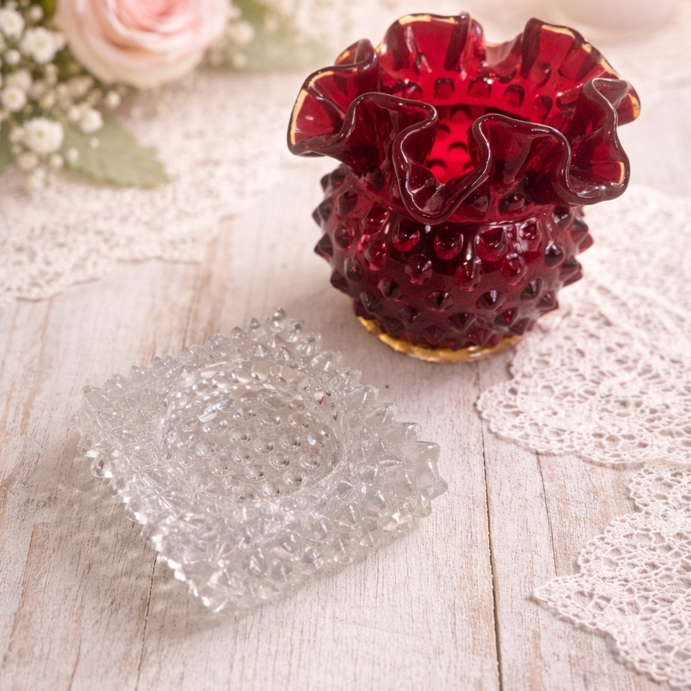 Vintage Hobnail Glass Candle Holder Set Ruby Red Ruffle & Clear Hobnail Dish